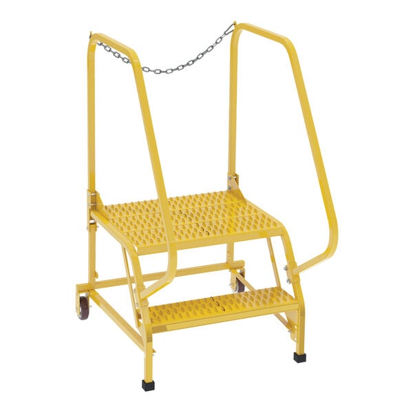 A yellow metal Vestil 2-step ladder with grip strut steps.