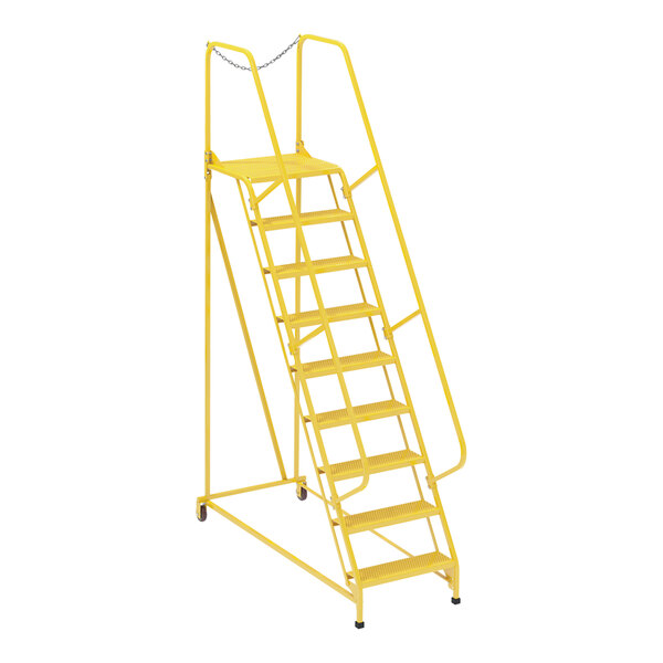 A yellow metal Vestil maintenance ladder with perforated steps.
