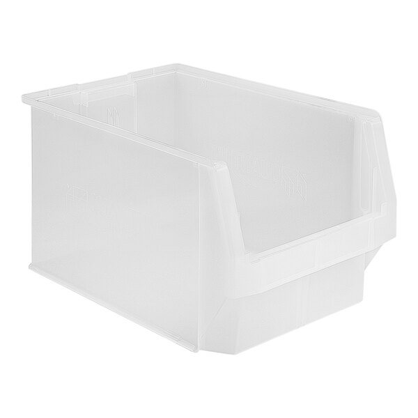 A clear plastic storage bin with a white handle.