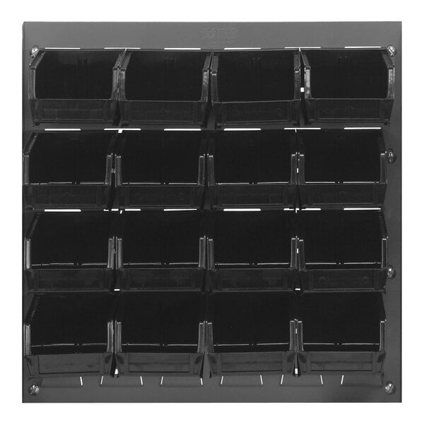 A gray steel louvered panel with black plastic bins on it.