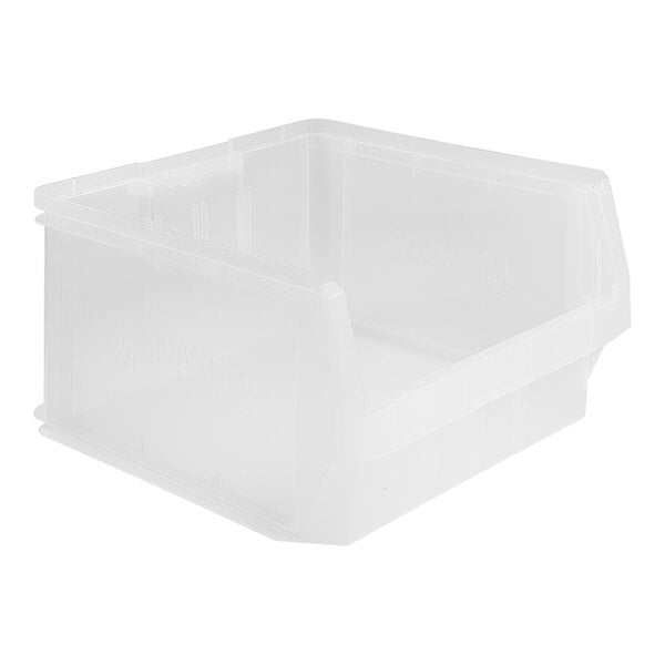 A Quantum clear plastic storage tote bin with a clear lid.