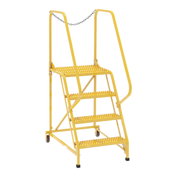 A yellow Vestil 4-step maintenance ladder with grip strut steps.