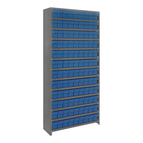 A Quantum steel shelving system with blue bins on the shelves.