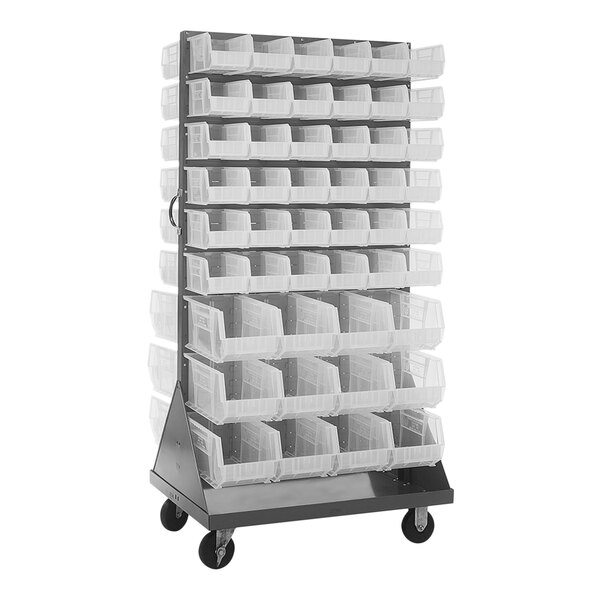 A Quantum gray steel mobile rack with clear plastic bins attached to it.