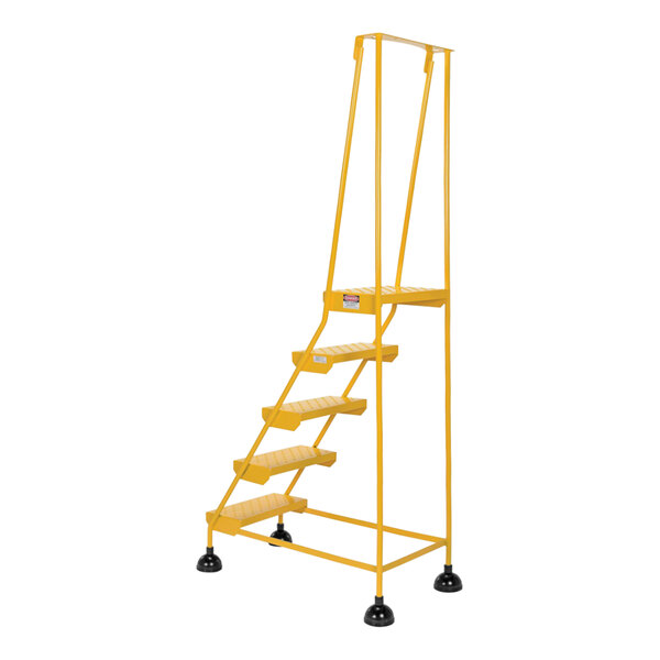 A yellow Vestil commercial rolling step ladder with five steps and perforated steps.