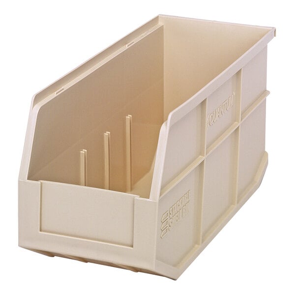 An ivory plastic stackable shelf bin with two compartments.