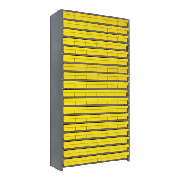 A large metal cabinet with yellow bins.
