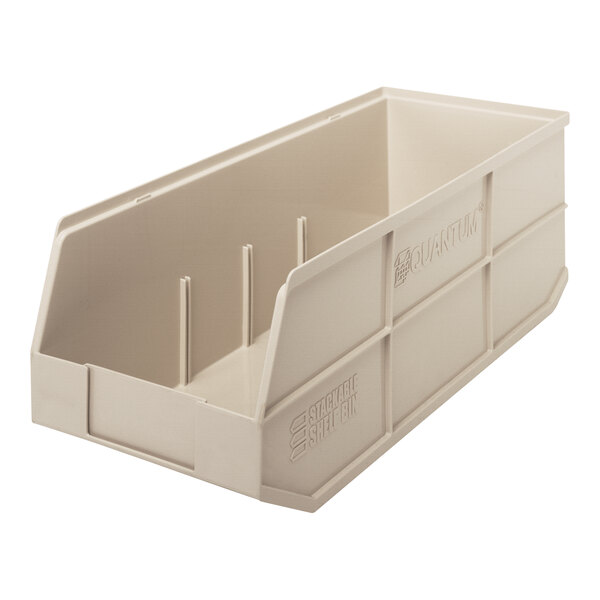 An ivory plastic stackable shelf bin with a rectangular open lid.