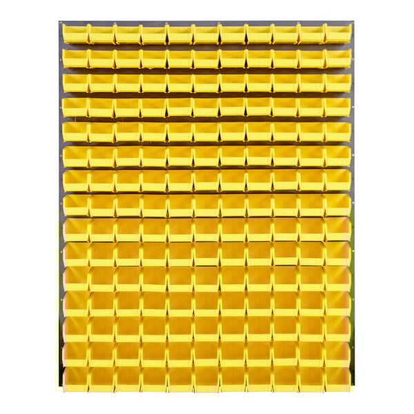 A gray steel louvered panel with rows of yellow plastic bins.