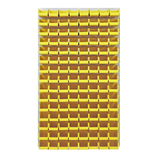 A Quantum white steel louvered panel with yellow plastic bins on it.