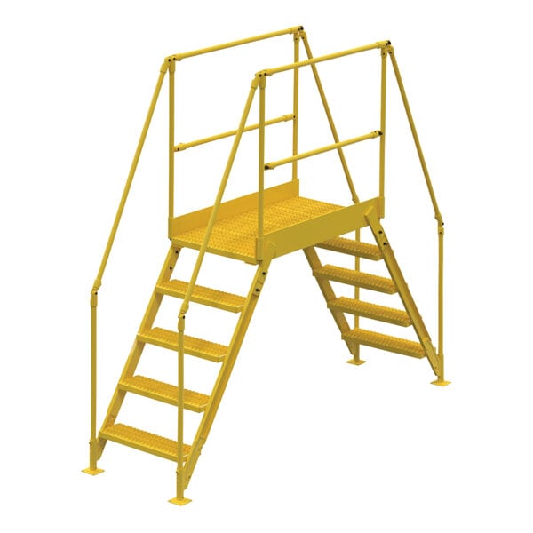 A yellow metal Vestil 5-step steel crossover ladder.