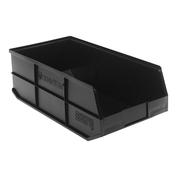 A black plastic Quantum stackable shelf bin.