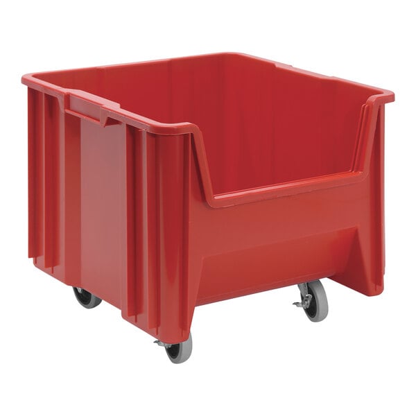 A Quantum red plastic storage container on wheels.