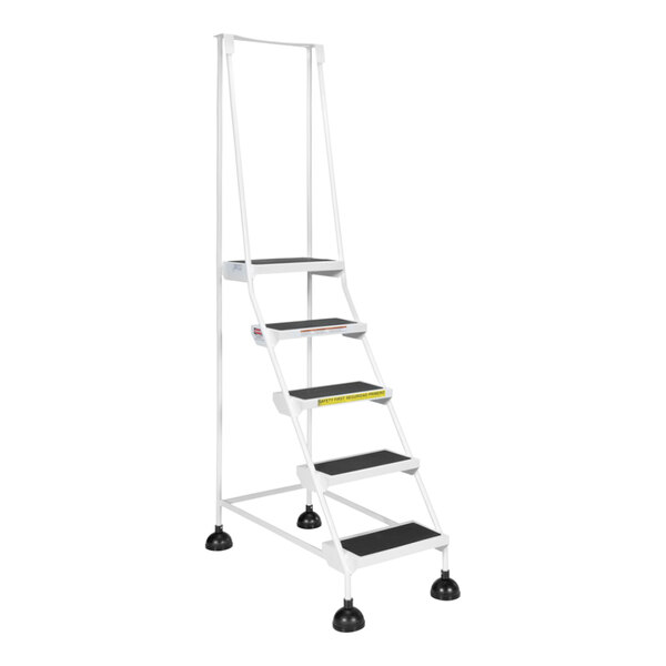 A white Vestil commercial rolling step ladder with black serrated rubber steps.