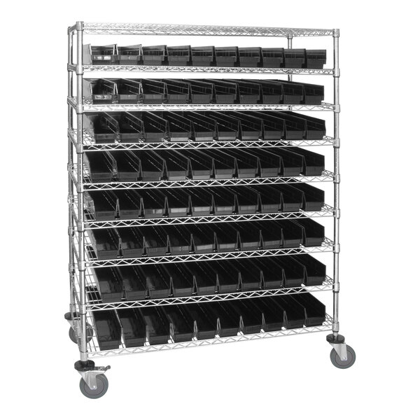 A Quantum carbon steel wire shelving unit with black trays on a metal rack.