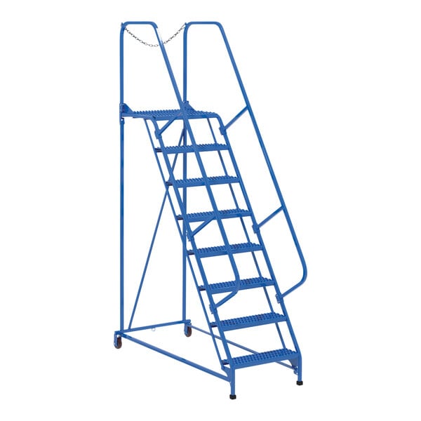 A blue metal ladder with wheels.