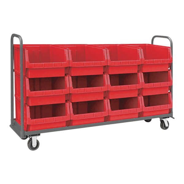 A Quantum red tote truck with 4 red bins on it.