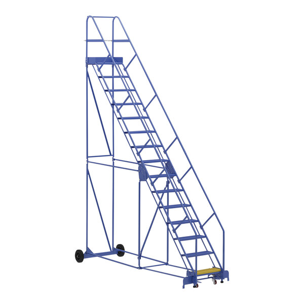 A blue steel Vestil warehouse ladder with wheels.