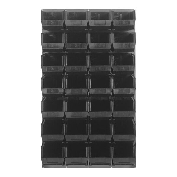 A Quantum louvered panel with black bins on a shelf.