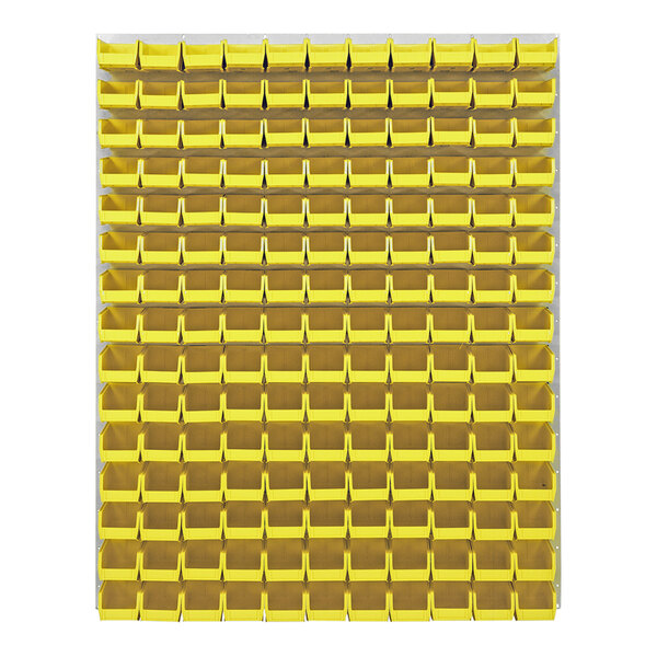 A Quantum white louvered panel with yellow bins in a grid.