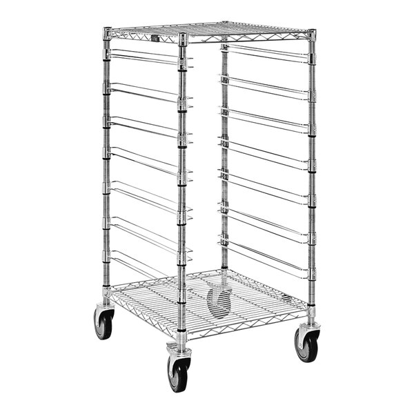 A Quantum metal bin cart with wire shelves on wheels.