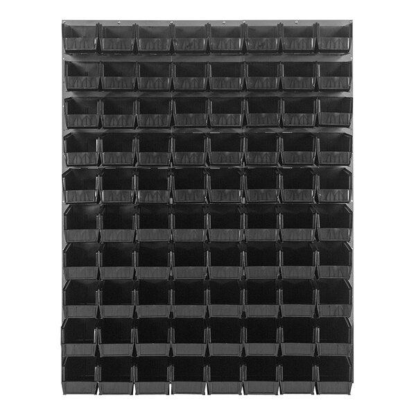 A Quantum gray steel louvered panel with black bins hanging on it.