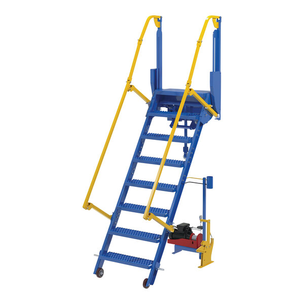 A blue and yellow Vestil electric folding mezzanine ladder with a yellow handle.