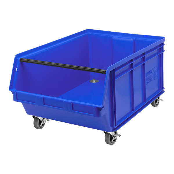 A blue plastic Quantum storage tote bin with wheels and a black handle.