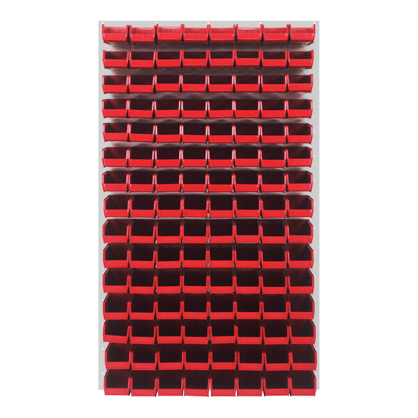 A Quantum white steel louvered panel with red bins on it.