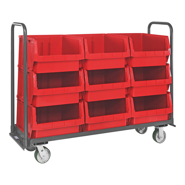 A Quantum red tote truck with 9 red bins on it.