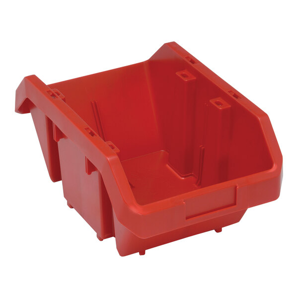 A red plastic Quantum Storage bin with a lid.