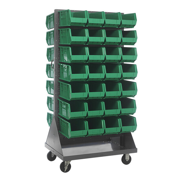 A gray Quantum double-sided louvered rack with green bins on it.