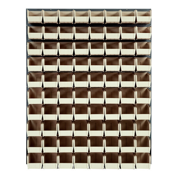 A Quantum louvered panel with 80 ivory bins of various sizes on it.