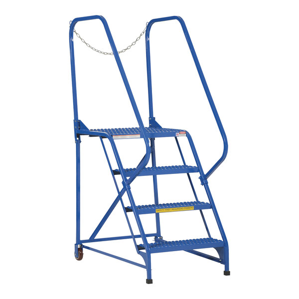 A blue steel Vestil maintenance ladder with grip strut steps.