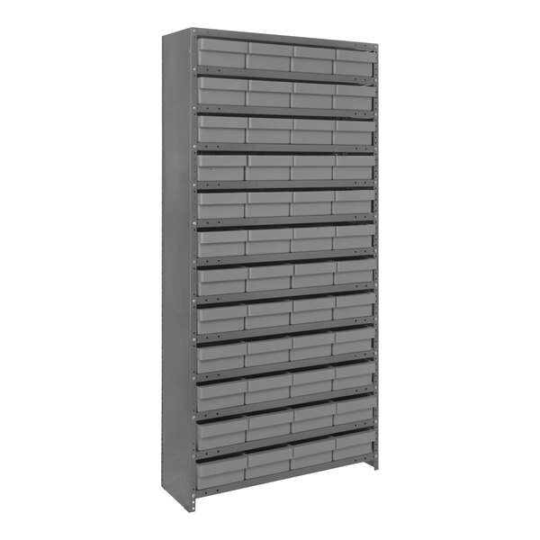A Quantum Super Tuff steel shelving system with gray Euro drawers.