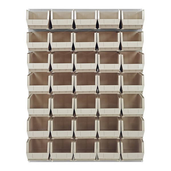 A Quantum white steel louvered panel with ivory bins attached.