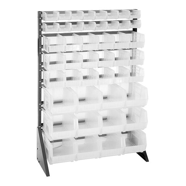 A gray steel rack with clear plastic bins on it.