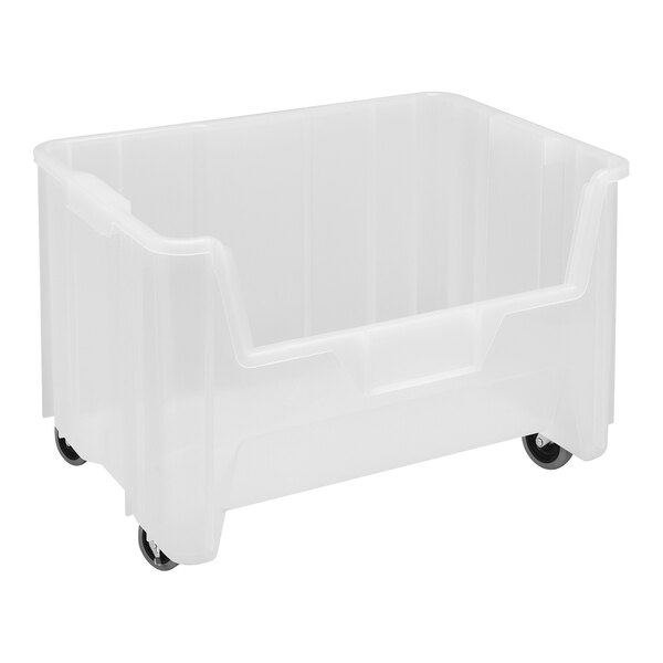 A clear plastic storage container with wheels.