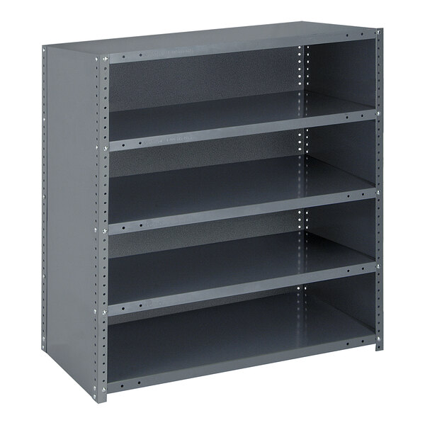 A grey Quantum steel shelving unit with five shelves.
