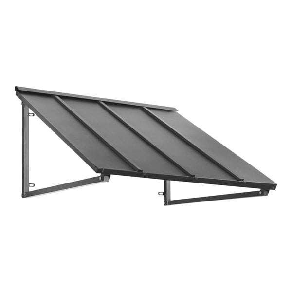 A close-up of a black metal standing seam awning over a white background.