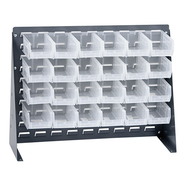 A gray steel Quantum rack with clear plastic bins on it.