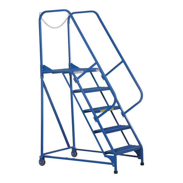 A blue Vestil steel maintenance ladder with wheels and metal bars.