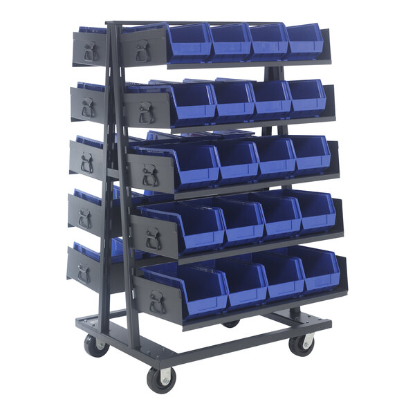 A black metal cart with blue bins on it.