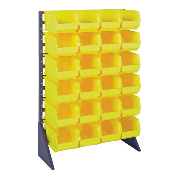 A Quantum steel rack with yellow bins on it.