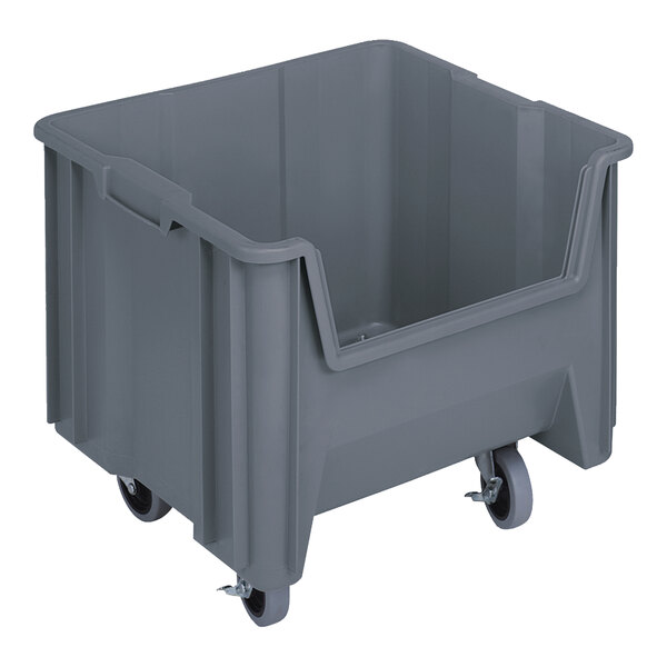 A gray plastic Quantum mobile storage container with wheels.