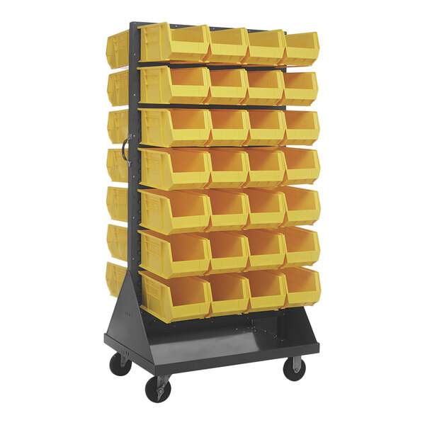 A Quantum gray steel mobile double-sided louvered rack with yellow bins on it.
