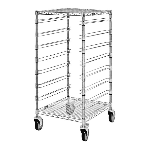 A Quantum carbon steel mobile bin cart with 2 wire shelves and bin slides on wheels.