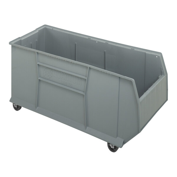 A gray plastic bin on wheels.