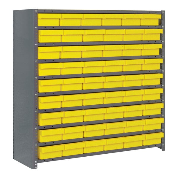 A Quantum grey steel shelving system with yellow bins on the drawers.