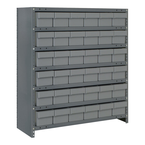 A Quantum Super Tuff steel shelving system with grey bins in drawers.